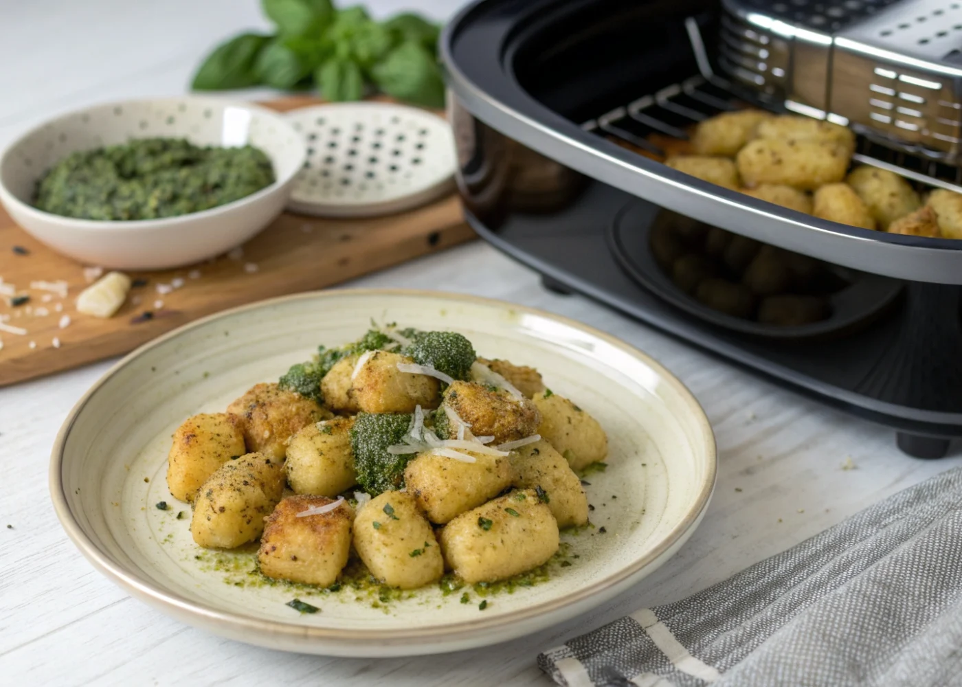 Golden air-fried gnocchi lightly coated with basil pesto and finely grated Parmesan on a plate beside an open air-fryer basket.