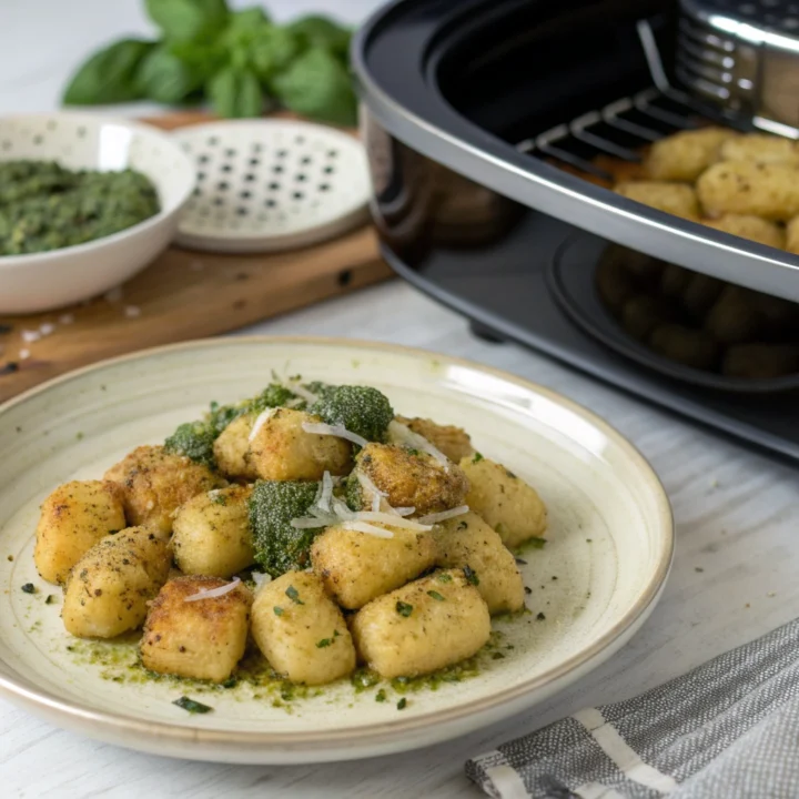 Golden air-fried gnocchi lightly coated with basil pesto and finely grated Parmesan on a plate beside an open air-fryer basket.