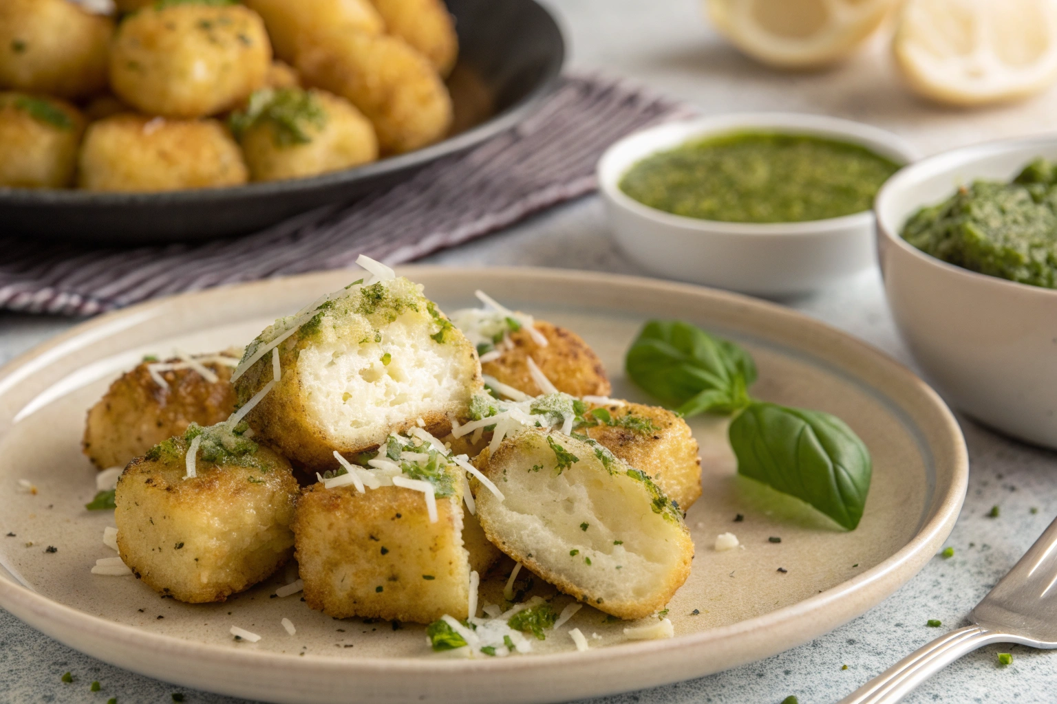 A cut-open pesto-coated gnocchi shows its pale, tender center and golden exterior beside whole gnocchi with Parmesan.