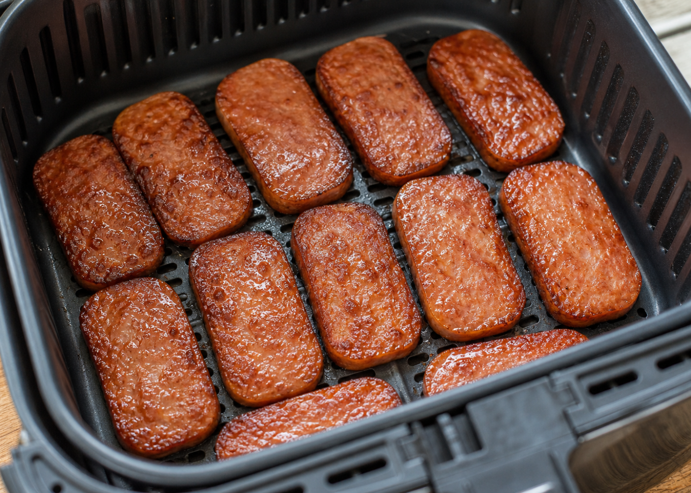 Brown sugar-glazed Spam slices with crisp edges inside an open air-fryer basket