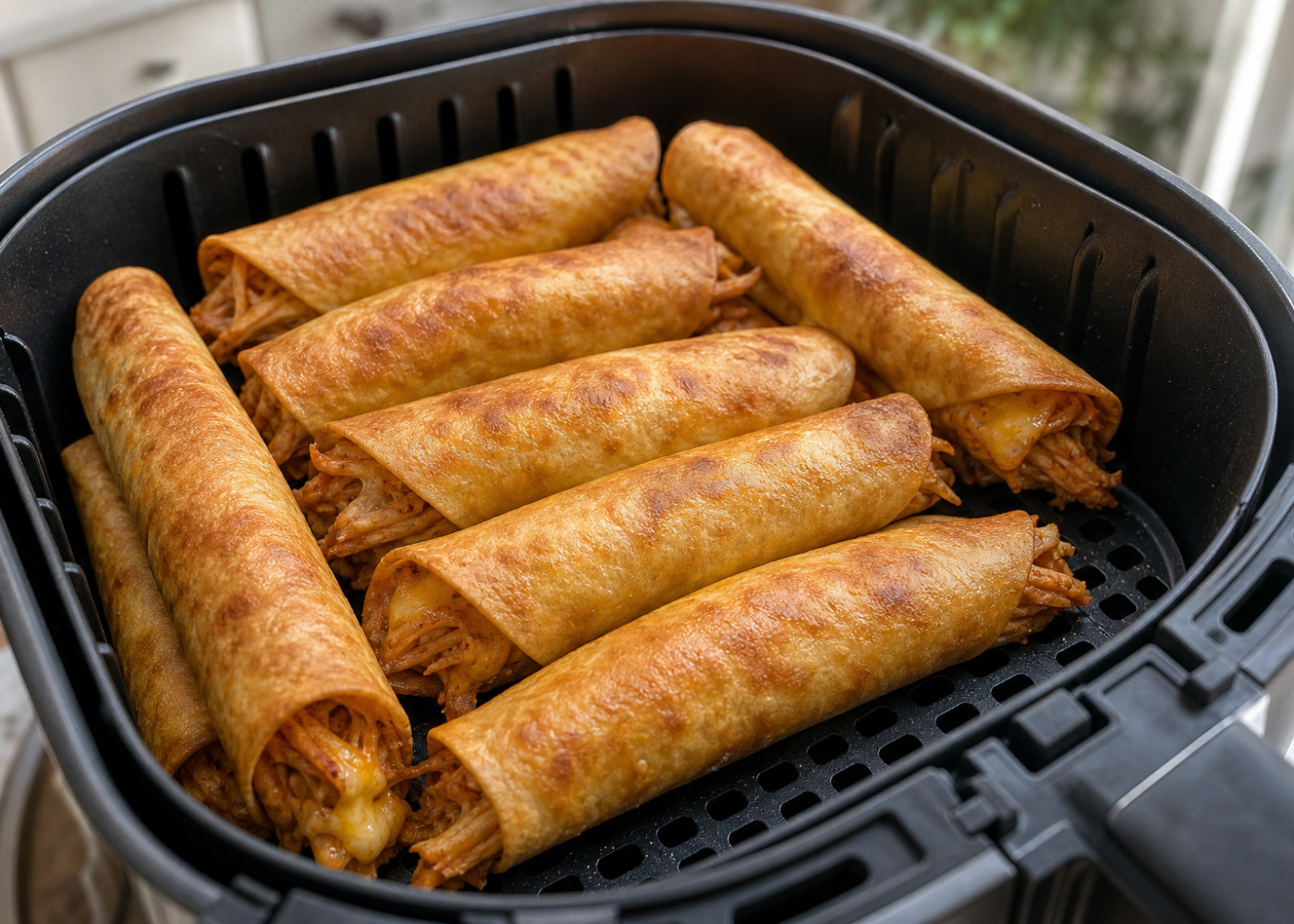 Golden chicken flautas in an open air-fryer basket with its rim and perforated grid visible.