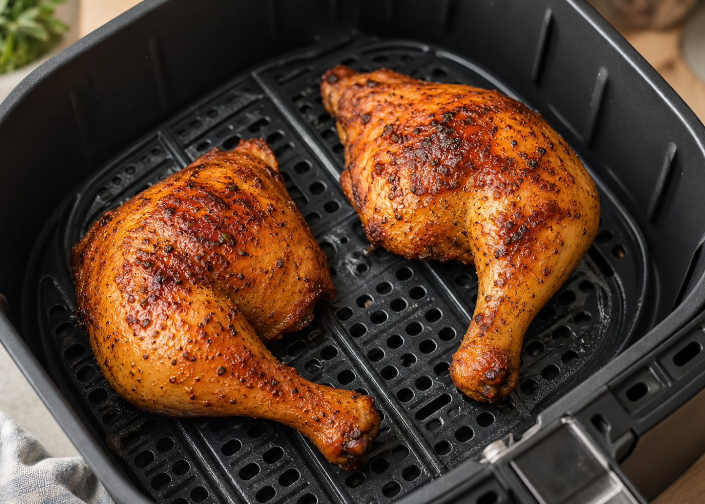 Two crispy garlic-paprika chicken leg quarters in an open air fryer basket with the perforated grid visible.