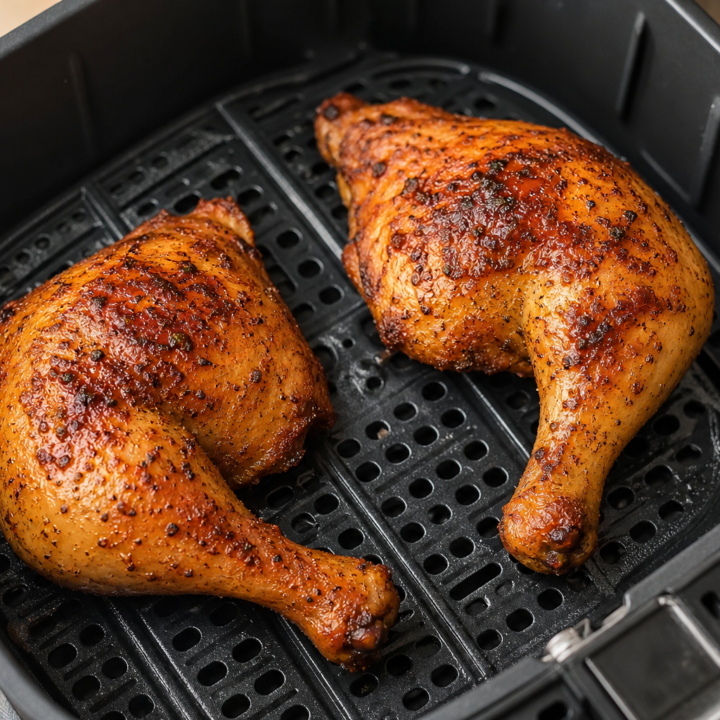 Two crispy garlic-paprika chicken leg quarters in an open air fryer basket with the perforated grid visible.