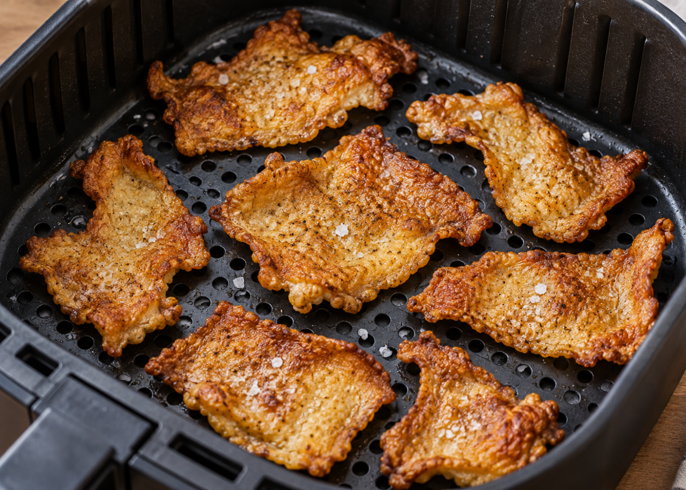 Golden-brown chicken skin with small blisters and crisp edges arranged in a spaced single layer in an open air-fryer basket.