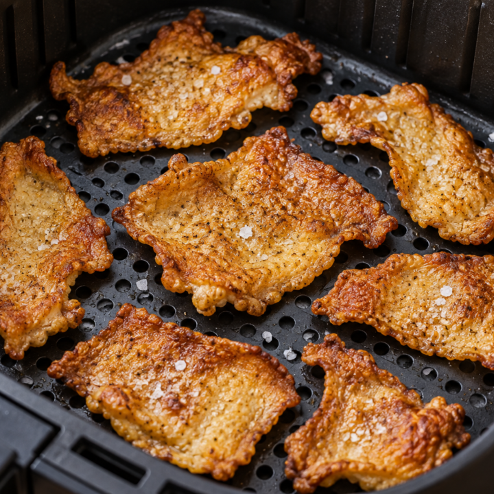 Golden-brown chicken skin with small blisters and crisp edges arranged in a spaced single layer in an open air-fryer basket.