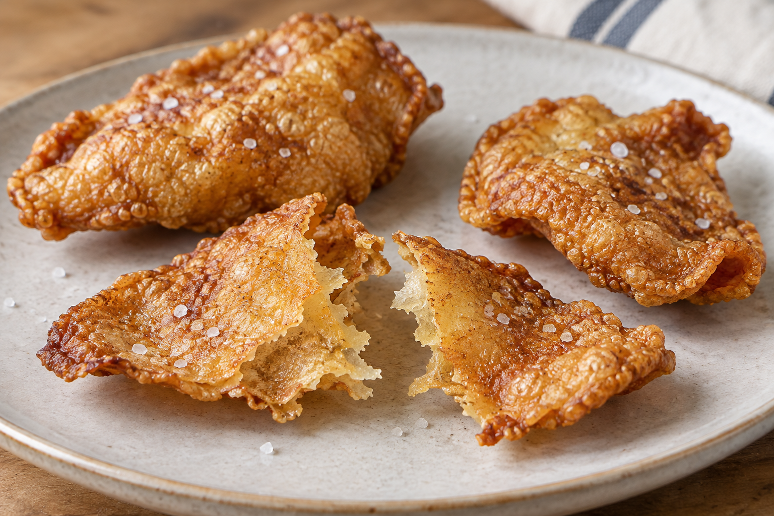 Crispy chicken skin on a plate, with one piece broken to show its thin, brittle edge beside two whole pieces.