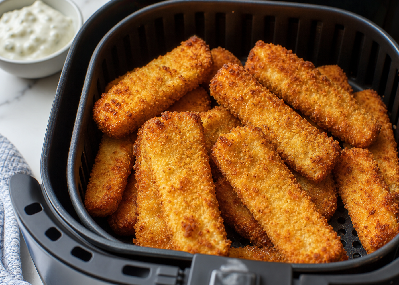 Crispy golden fish sticks filling an open air-fryer basket, with tartar sauce nearby.
