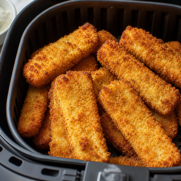 Crispy golden fish sticks filling an open air-fryer basket, with tartar sauce nearby.
