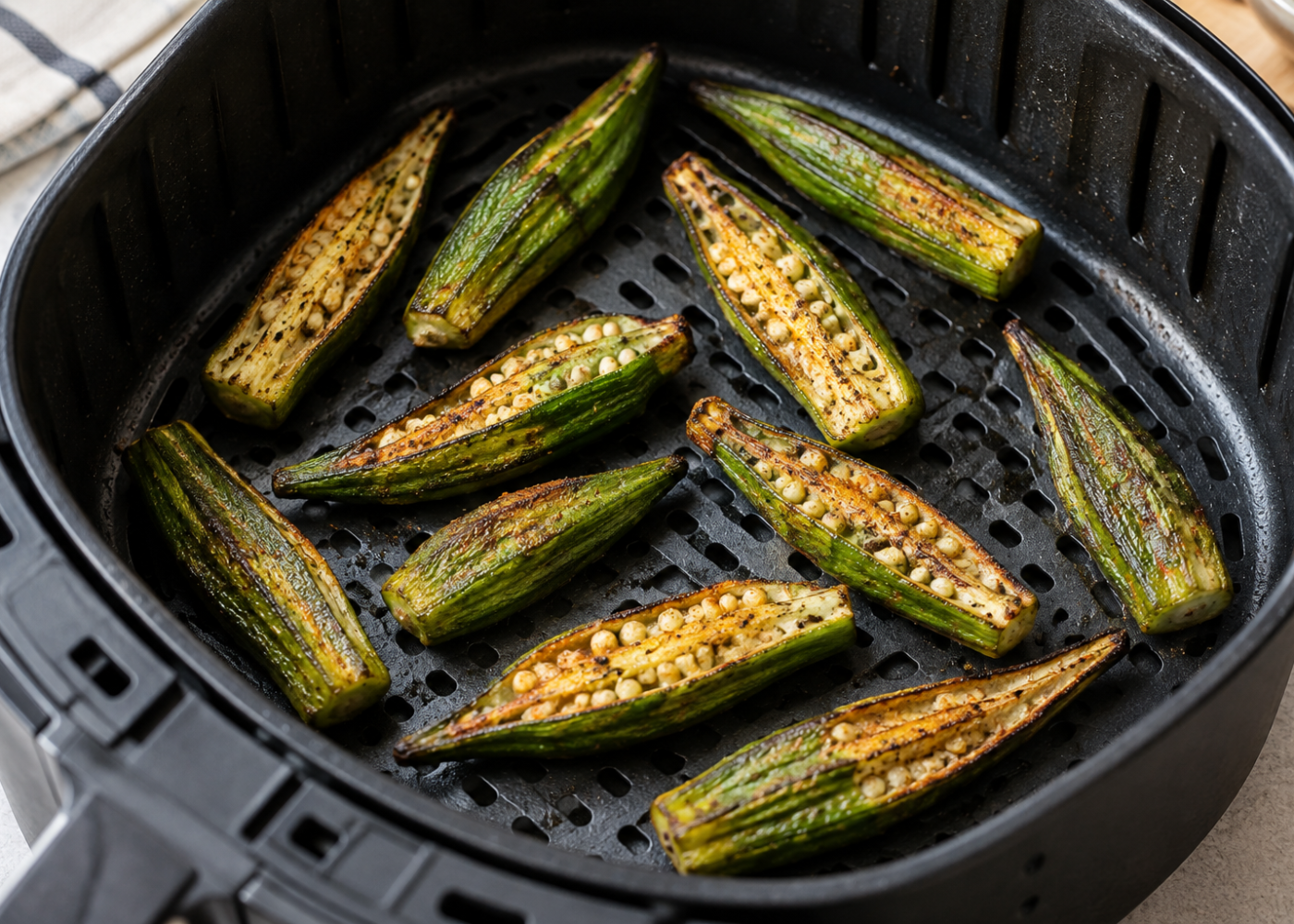 Lengthwise-halved air-fried okra with browned ridges and crisp edges arranged in a spaced layer in an open air-fryer basket.