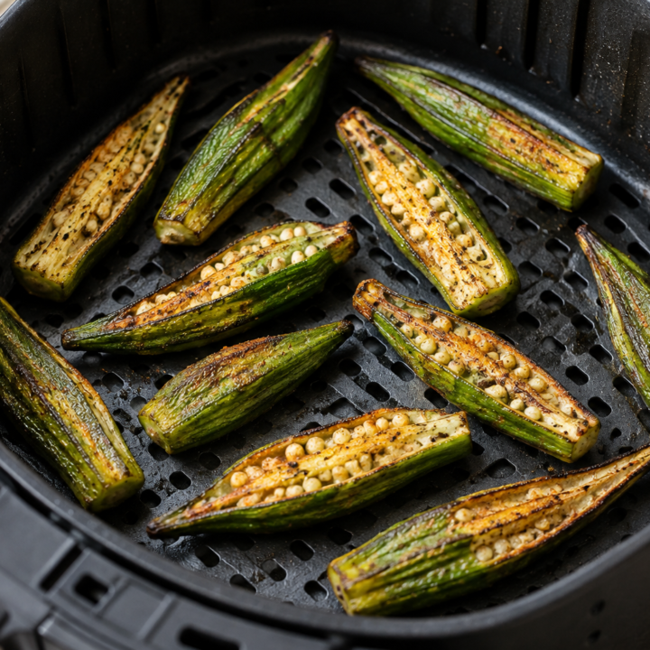 Lengthwise-halved air-fried okra with browned ridges and crisp edges arranged in a spaced layer in an open air-fryer basket.