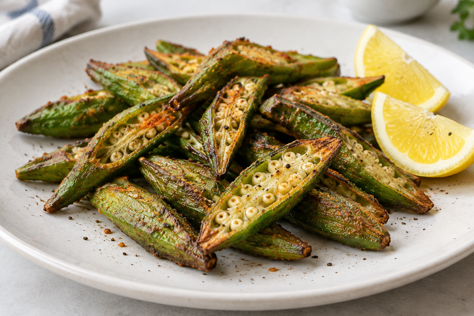 Plated air-fried okra halves showing pale seeds, tender centers, and browned cut edges, with lemon wedges alongside.