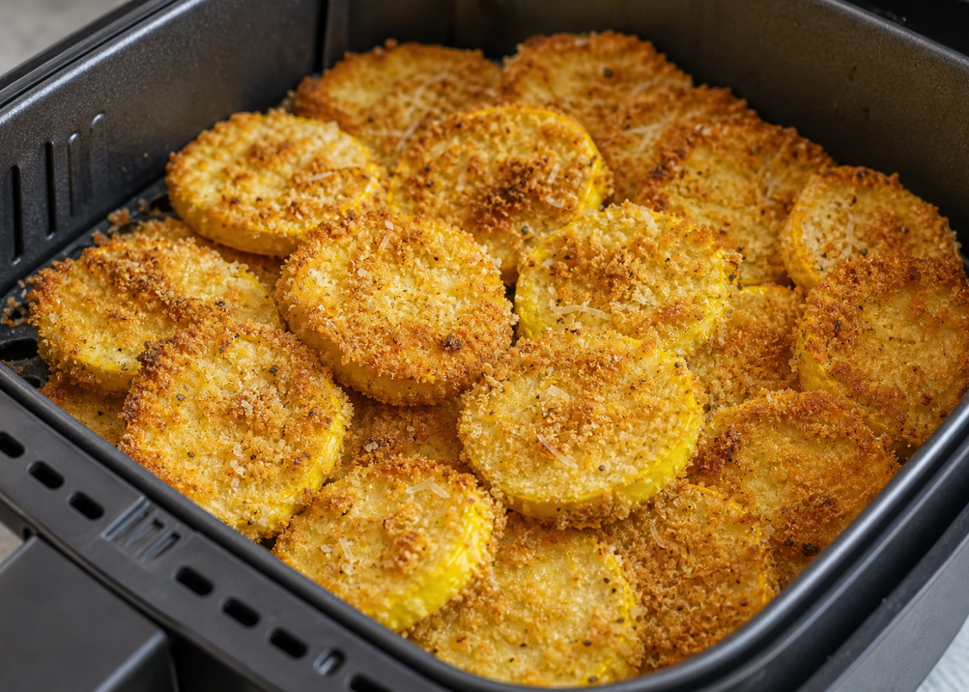 Crispy Parmesan-breaded yellow squash rounds in an open air fryer basket.