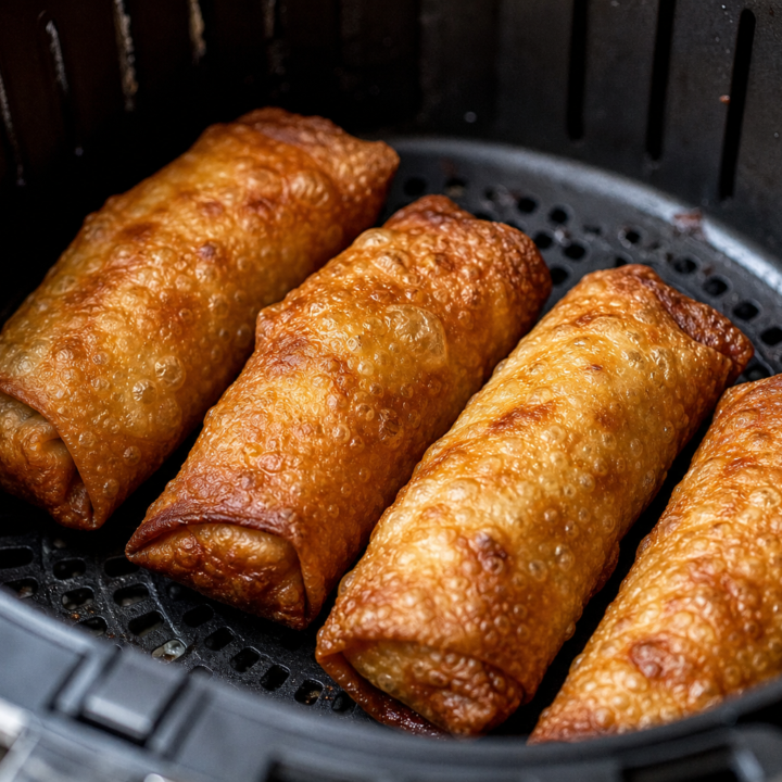 Four crispy golden egg rolls inside an open air-fryer basket with the perforated grid visible.