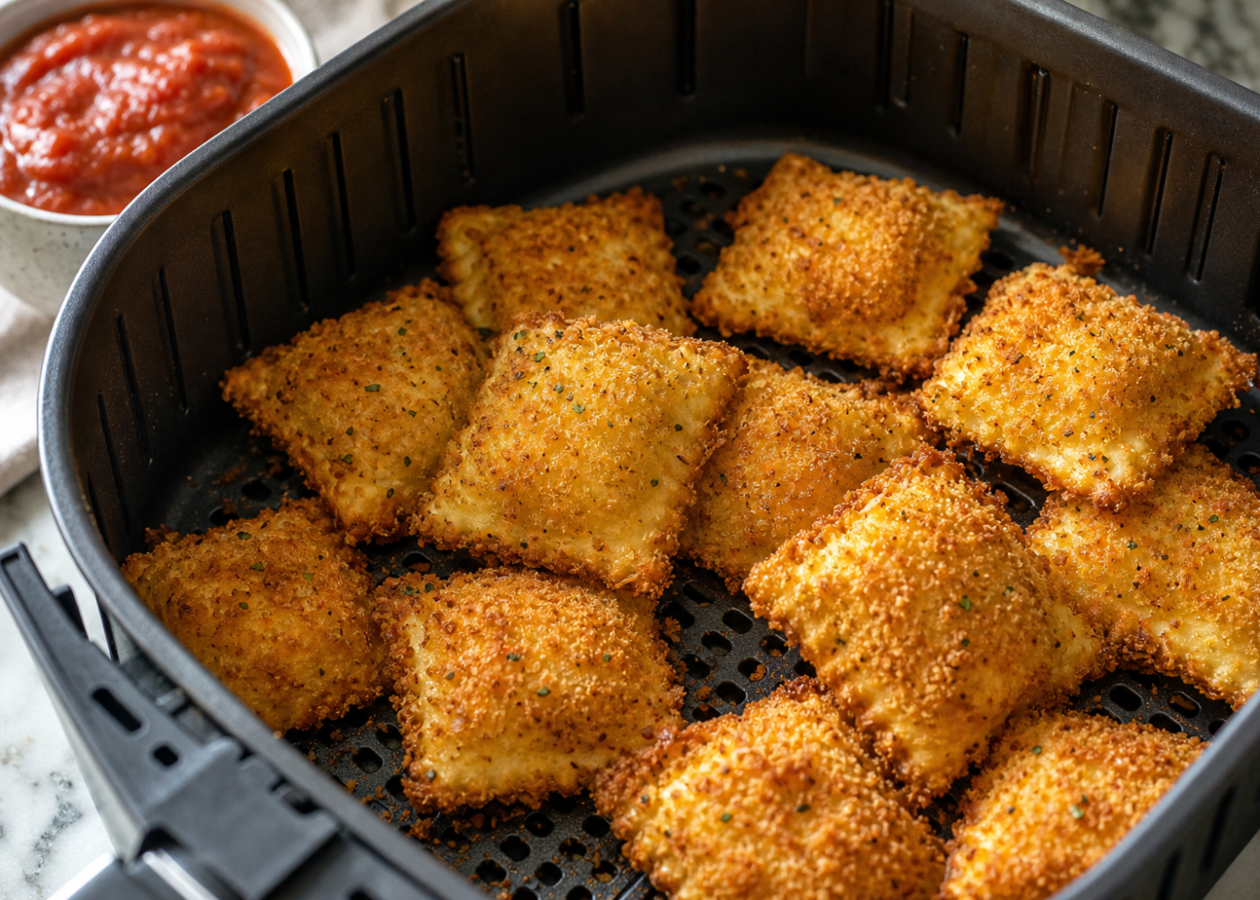 Golden breaded toasted ravioli in an open air-fryer basket with marinara nearby