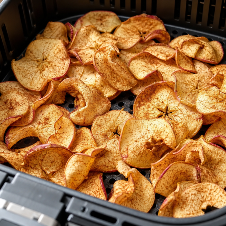 Cinnamon-dusted dehydrated apple chips in an open air-fryer basket with its perforated grid visible.