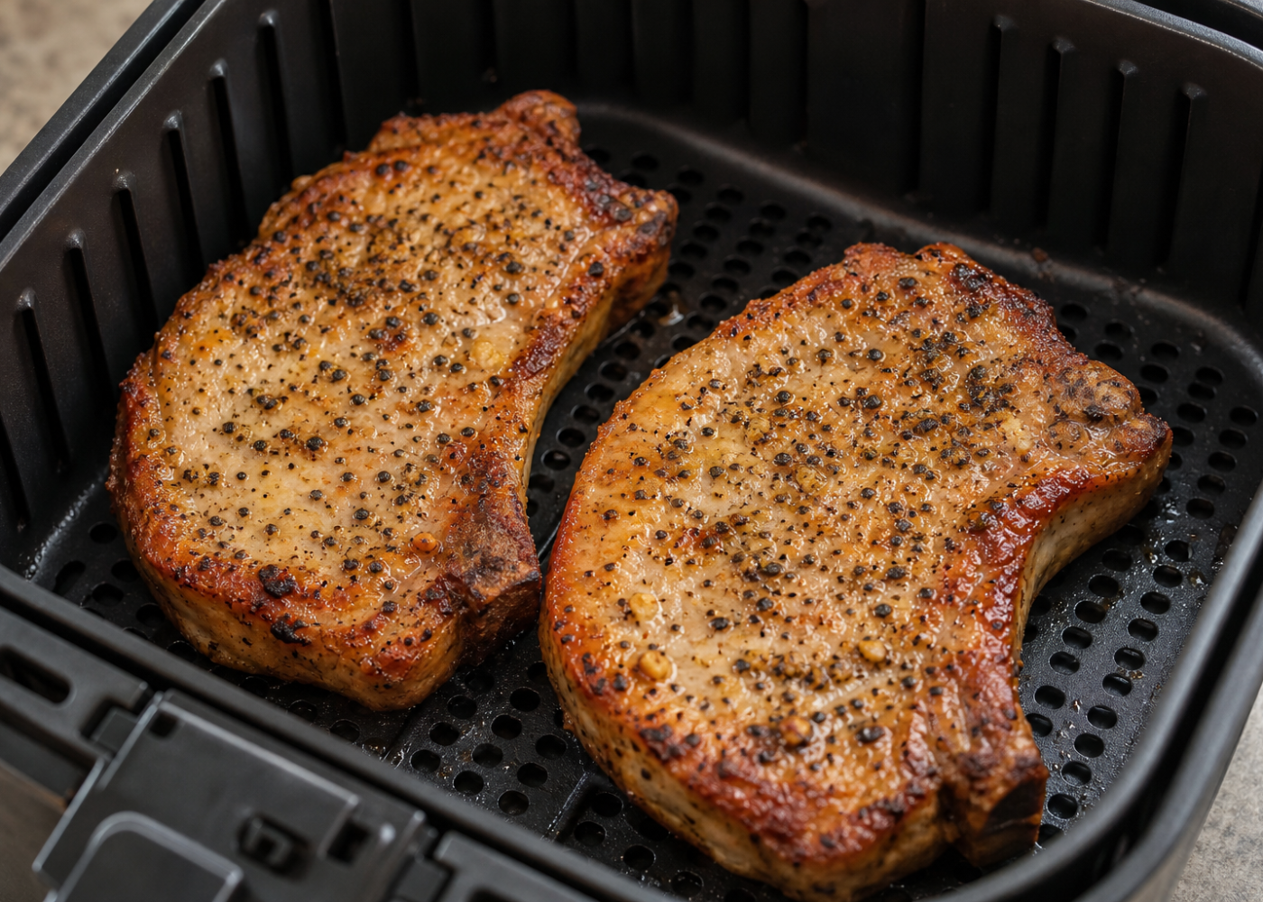 Garlic-pepper pork chops in an open air-fryer basket with the perforated grid visible.