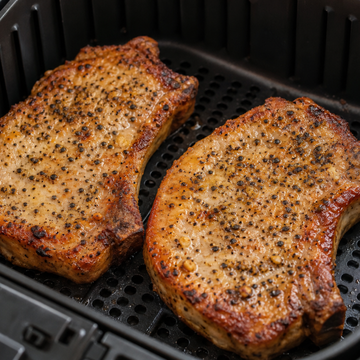 Garlic-pepper pork chops in an open air-fryer basket with the perforated grid visible.