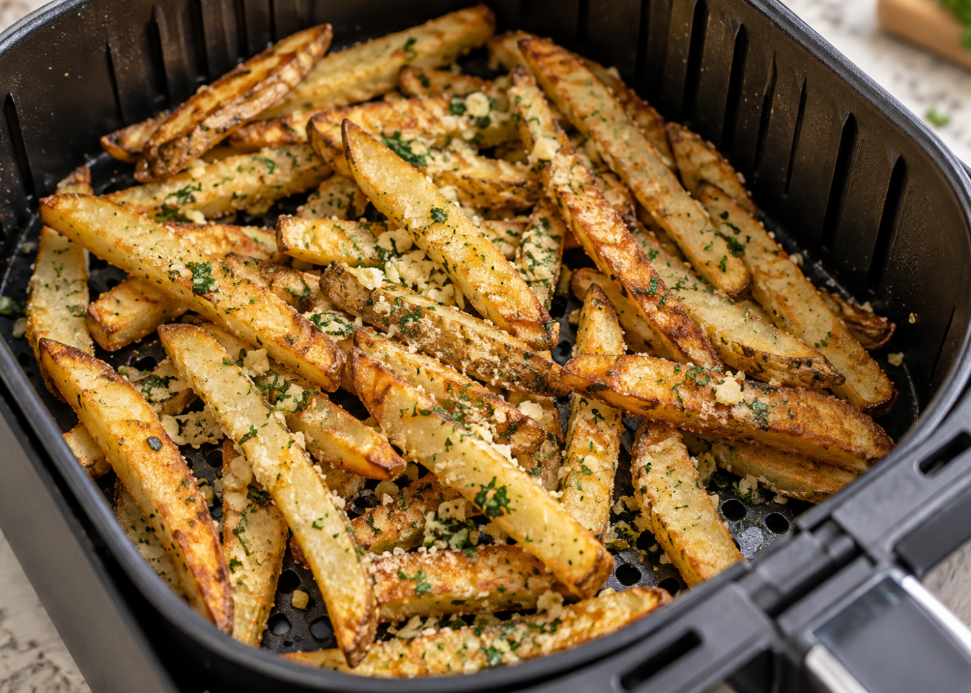 Garlic Parmesan Fries in Air Fryer With Fresh Parsley