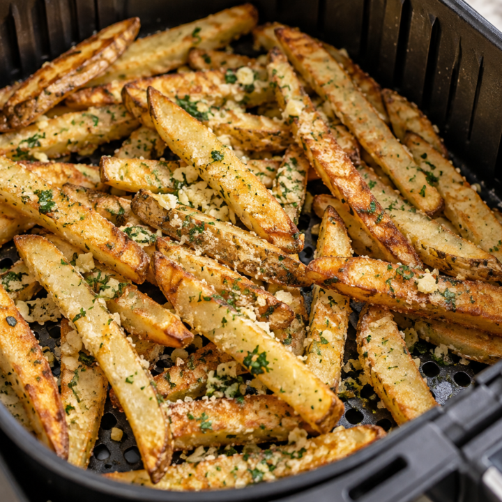 Garlic Parmesan Fries in Air Fryer With Fresh Parsley