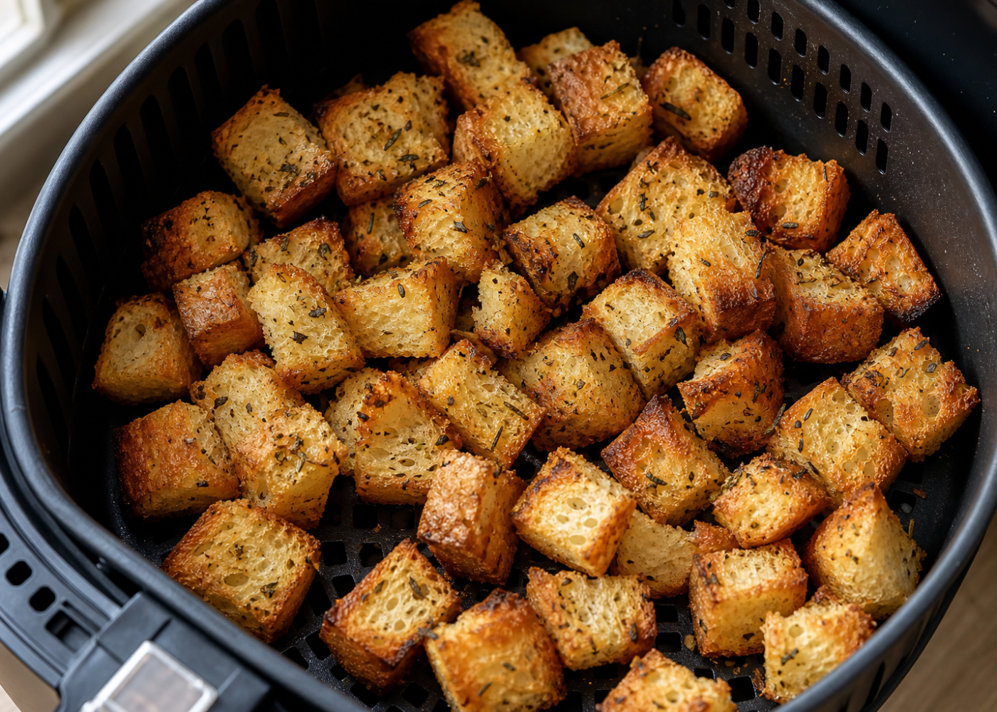 Golden garlic-and-herb croutons in an open air fryer basket with its perforated grid visible.