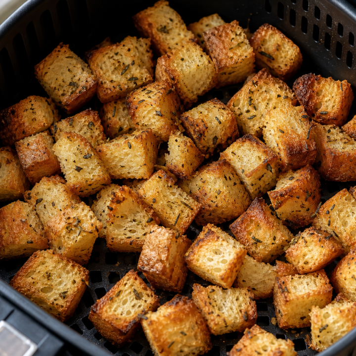 Golden garlic-and-herb croutons in an open air fryer basket with its perforated grid visible.