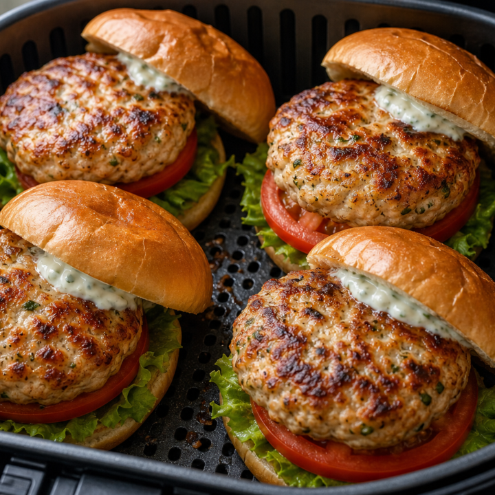 Chicken burgers with garlic herb mayo in an open air-fryer basket, with the perforated grid visible.
