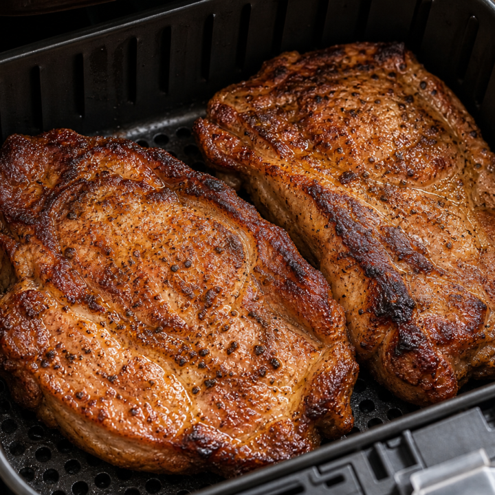 Smoky browned pork shoulder steaks in an open air fryer basket with the perforated grid visible.