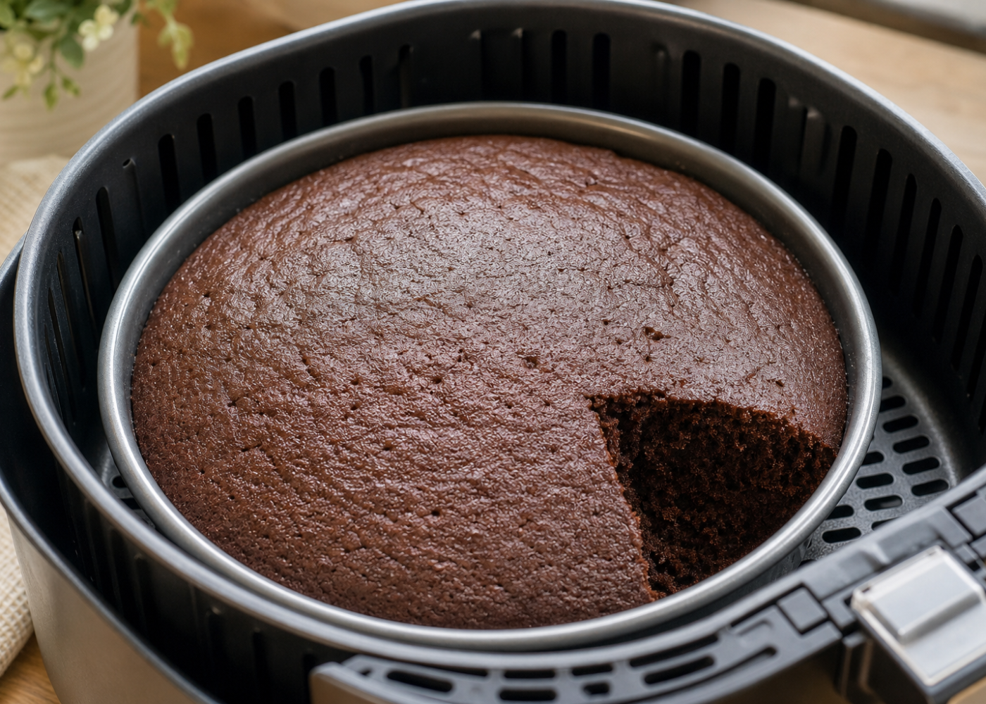 Small chocolate cake in a round baking pan inside an open air fryer basket