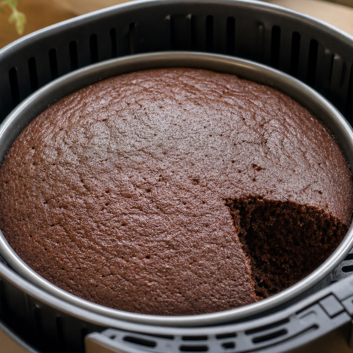 Small chocolate cake in a round baking pan inside an open air fryer basket