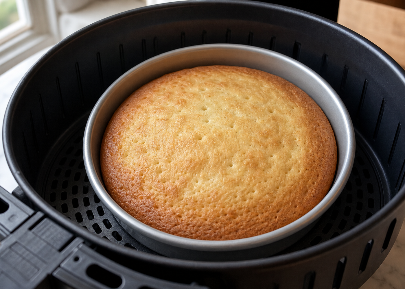 Golden vanilla pancake in a small metal pan inside an open air fryer basket.