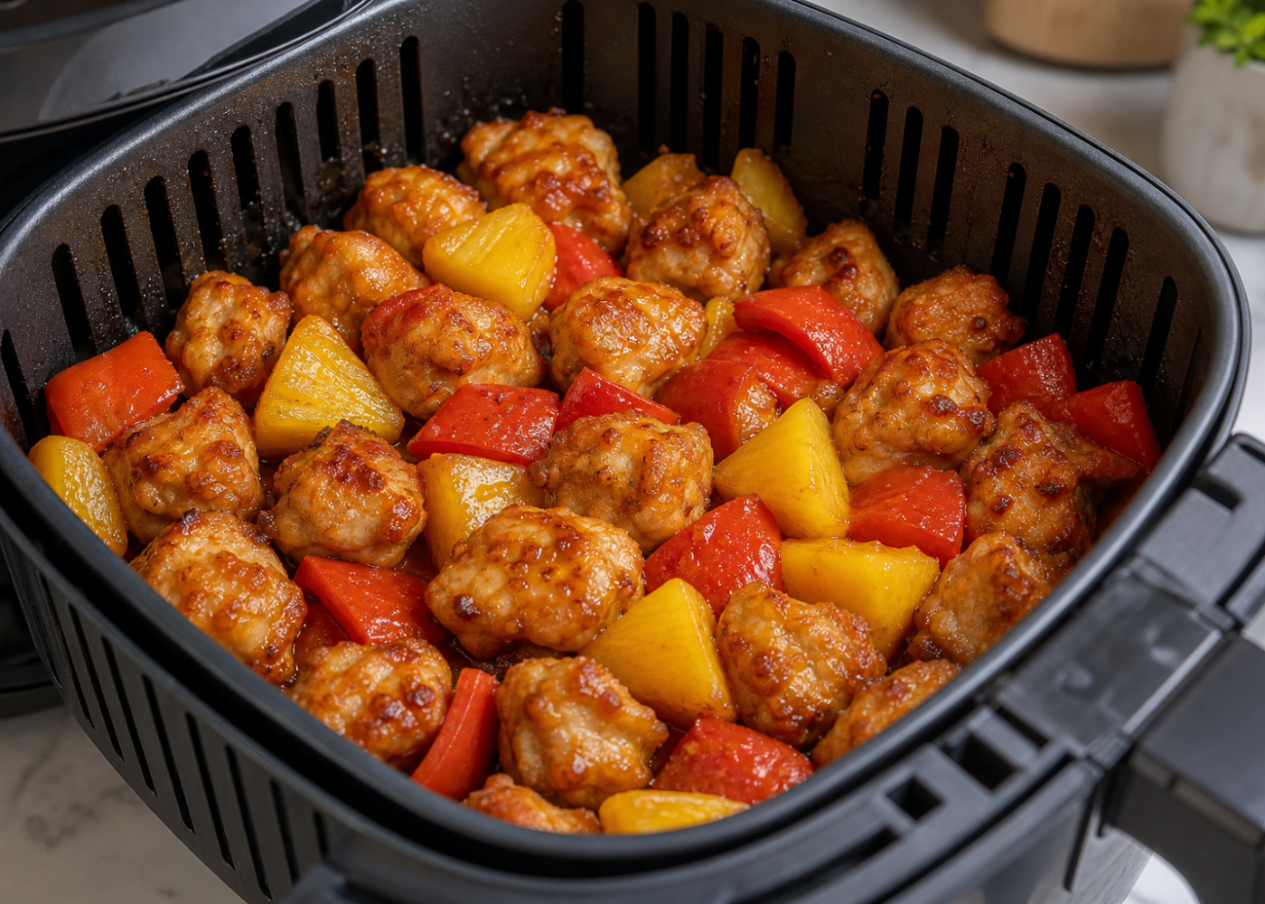 Sweet and sour chicken with pineapple and red peppers filling an open air-fryer basket.