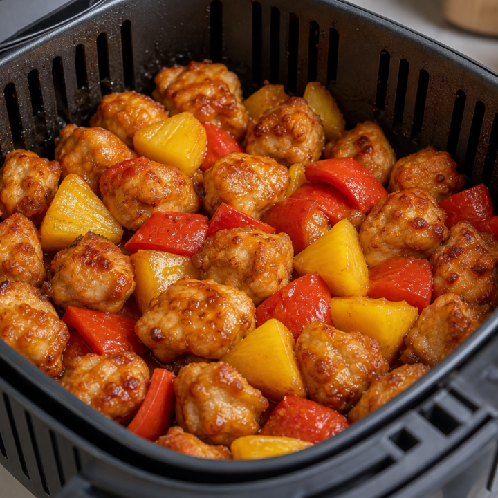 Sweet and sour chicken with pineapple and red peppers filling an open air-fryer basket.