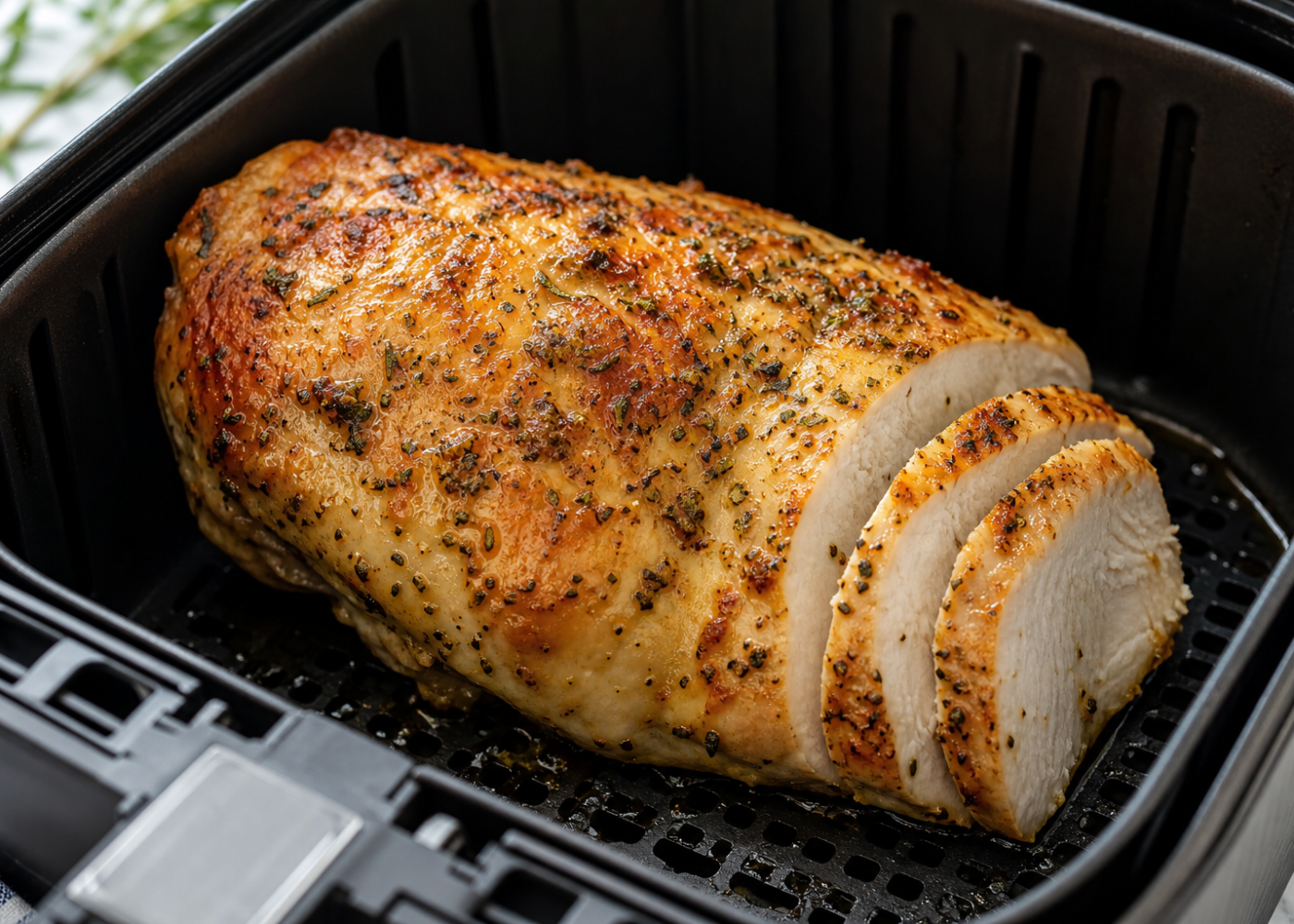 Golden garlic herb butter turkey breast in an open air-fryer basket with its perforated grid visible.
