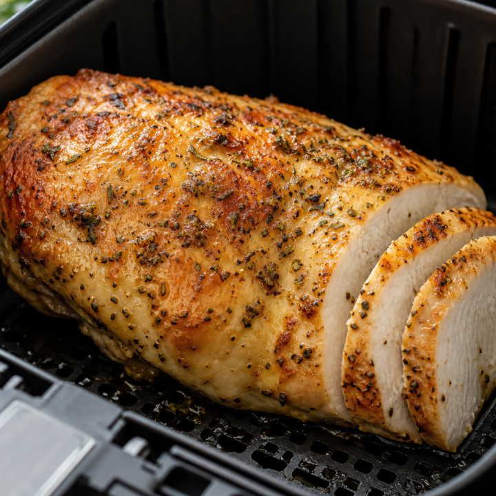 Golden garlic herb butter turkey breast in an open air-fryer basket with its perforated grid visible.