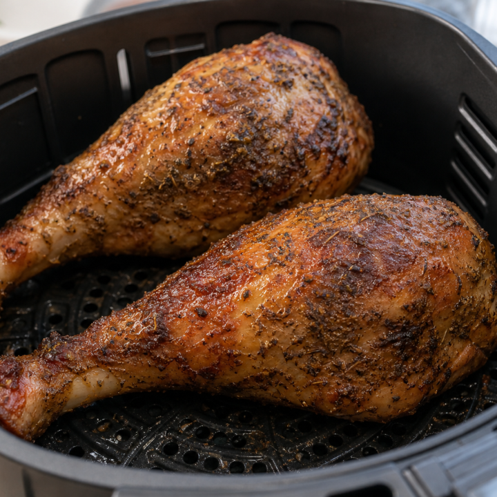 Smoky herb-rubbed turkey drumsticks in an open air fryer basket with browned skin and a visible perforated grid.