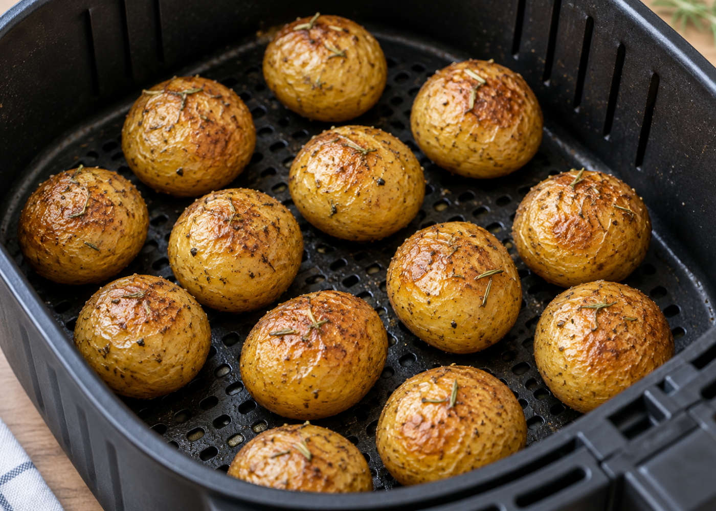 Whole yellow baby potatoes with browned skins, rosemary, and black pepper arranged in a single layer in an open air-fryer basket.