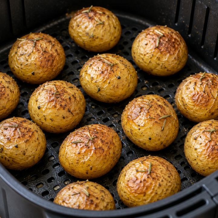 Whole yellow baby potatoes with browned skins, rosemary, and black pepper arranged in a single layer in an open air-fryer basket.