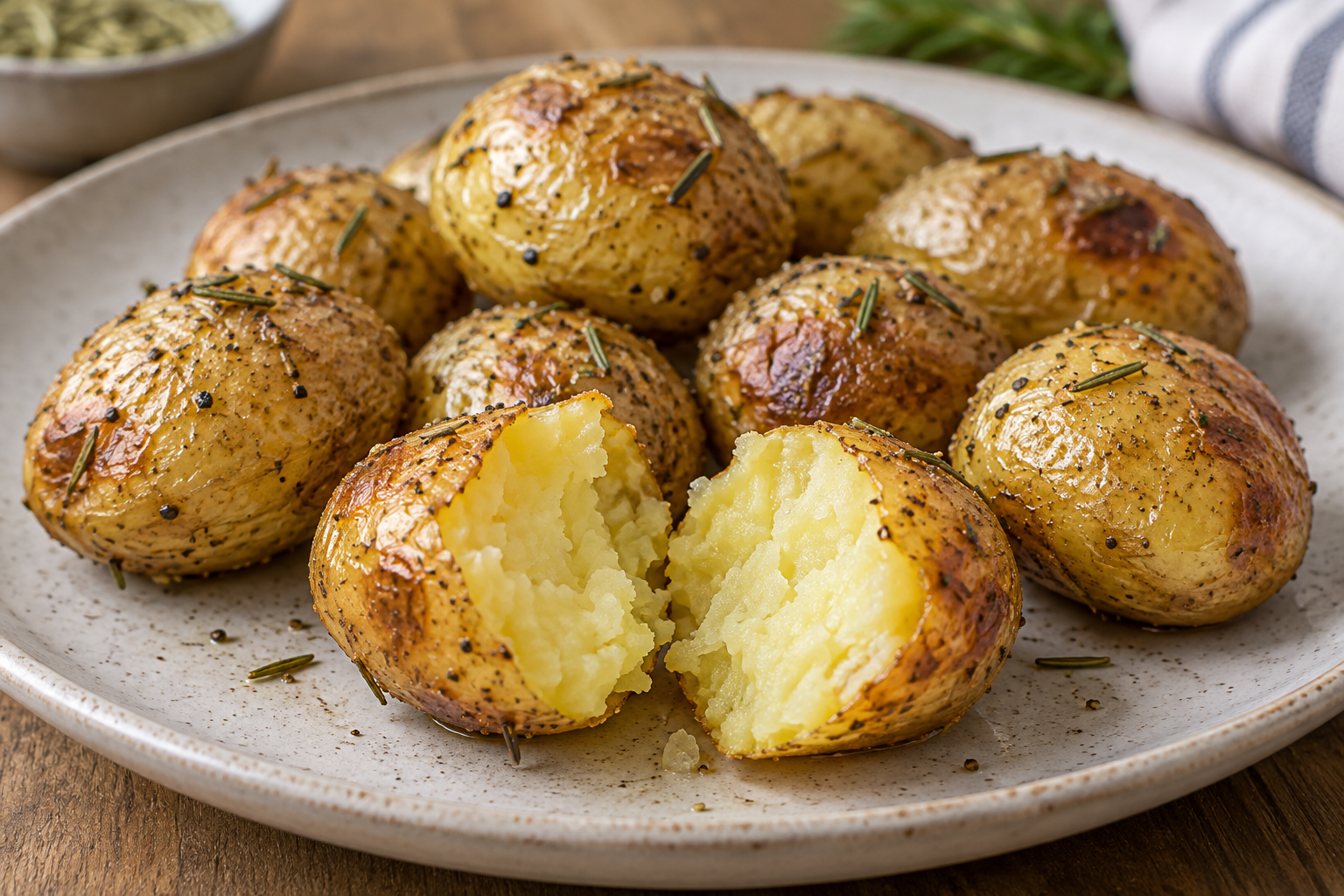 Roasted baby potatoes on a ceramic plate, with one opened to show its tender yellow center beneath browned skin.